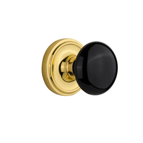 Nostalgic Warehouse Classic Rosette with Black Porcelain Door Knob, Double Dummy, Polished Brass