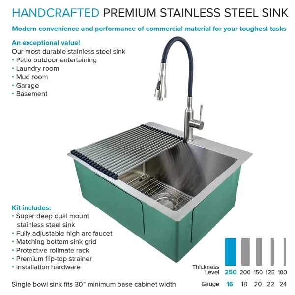 Transolid 25 in. x 22 in. x 12 in. Stainless Steel Drop-In or Undermount Laundry/Utility Sink Kit with Faucet and Accessories - S