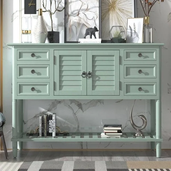Solid Wood Console Table with 6 Drawers 1 Cabinets, 1 Shelf, Light Green - MDF
