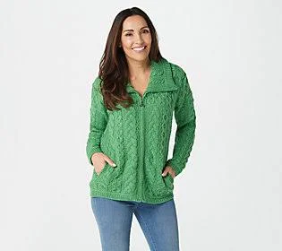 Aran Craft Merino Wool Zip FrontCardigan - Size X-Large, Marl Green