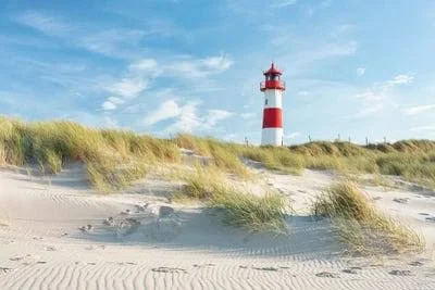 Framed Canvas Art - Lighthouse on The Dune Beach - North Sea Coast, Sylt, Schleswig Holstein, Germany by Jan Becke art)