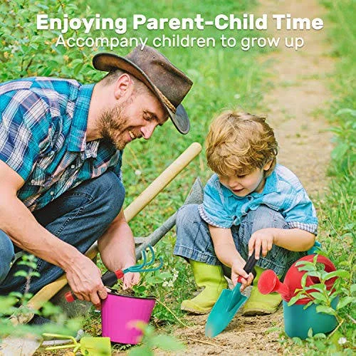 Cute Stone Kids Gardening Tool Set, Garden Toys with Wheelbarrow, Watering Can, Gardening Gloves, Hand Rake, Shovel, Trowel, Dou