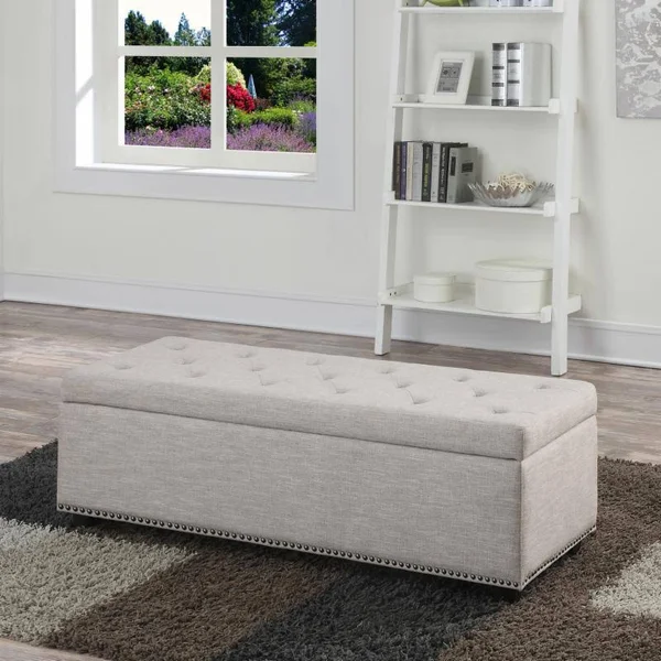 Brooklyn + Max Gilbert 48 inch Traditional Storage Ottoman in Slate Grey Linen Look Fabric - Gray