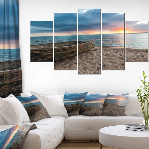 Design Art Rusty Row Boat on Sand at Sunset 5 Piece Photographic Print on Wrapped Canvas Set - Brown