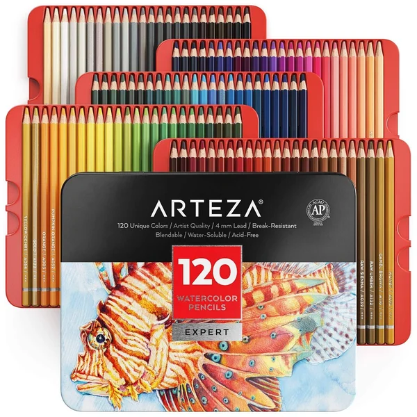 Arteza Professional Watercolor Pencils for Adults Kids, Set of 120, Water-Soluble Colored Pencils for Coloring, Blending