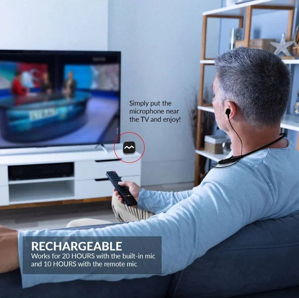 Neckband Hearing Aid Amplifier for Ear Rechargeable with Wireless Remote Microphone to Assist TV Watching and Conversation