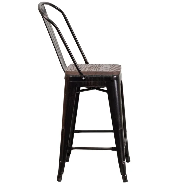Flash Furniture 24x22 High Metal Counter Height Stool with Back and Wood Seat - Black-Antique Gold