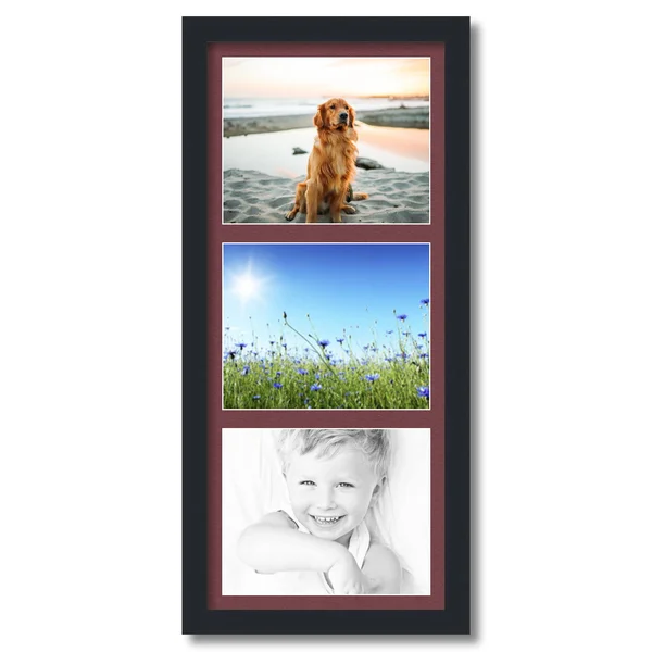 Collage Picture Frame, Satin Black Frame with 3 openings for 8x10 Photos with Red Maple Leaf Mat. D3926CV2156, ArtToFrames