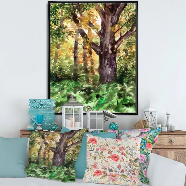 Designart 'Large Tree in Autumn Forest' Lake House Framed Canvas Wall Art Print - 12 in. Wide x 20 in. High - Black