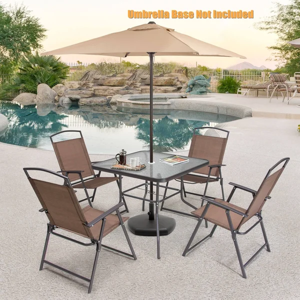 6 Pcs Patio Dinning Set with 4 Folding Chairs - Glass Table and Tan Umbrella Without Base - Brown - 6-Piece Sets