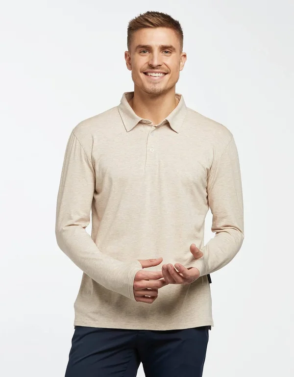 Sun Protective Long Sleeve Polo Shirt for Men UPF50+ - UV Protection Light Grey Marle
