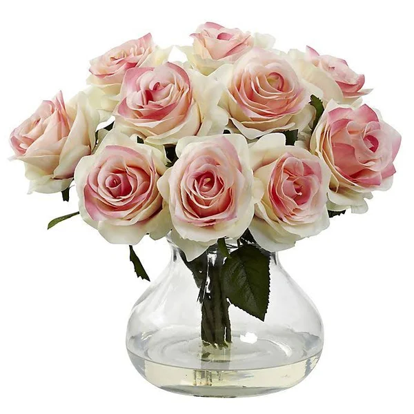 Nearly Natural 11x22 Rose Artificial Arrangement with Glass Vase in Light Pink