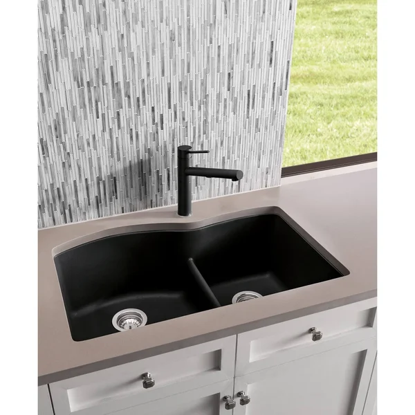 Blanco 441592 Diamond Silgranit Double Bowl Undermount Kitchen Sink with Low Divide, Metallic Gray