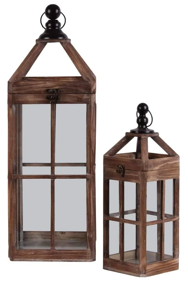 Benzara - Wooden Square Lantern with Metal Round Finial Top - Ring Handle, Set of 2, Brown