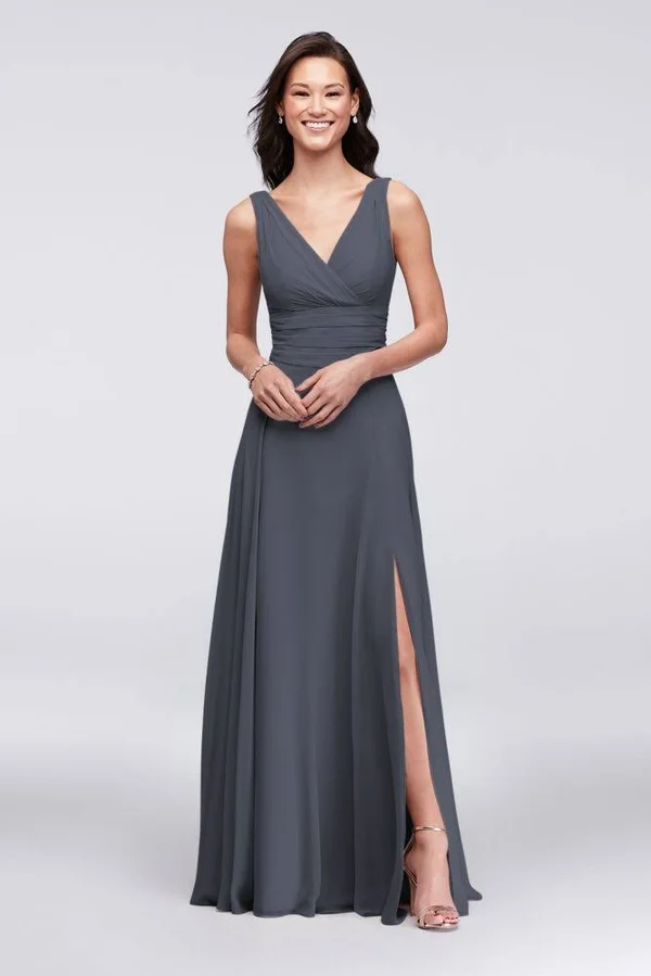 David&s Bridal Surplice Tank Long Chiffon Bridesmaid Dress - Pewter, 6