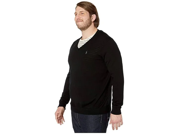 Polo Ralph Lauren Big & Tall Washable Merino Wool V-Neck Sweater Men's Clothing Polo Black : XLT