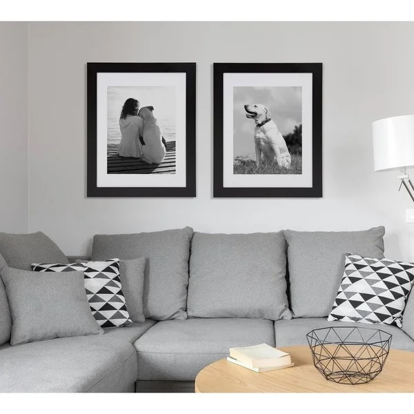 DesignOvation Museum Wooden Traditional Picture Frame Set with Mats for Customizable Wall Display, 14x18 Matted to 11x14, Black