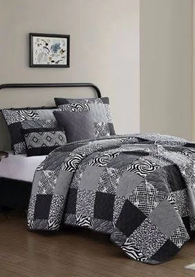 Lola Ziva Animal Printed Patchwork Quilt Set, Size: Twin, Black