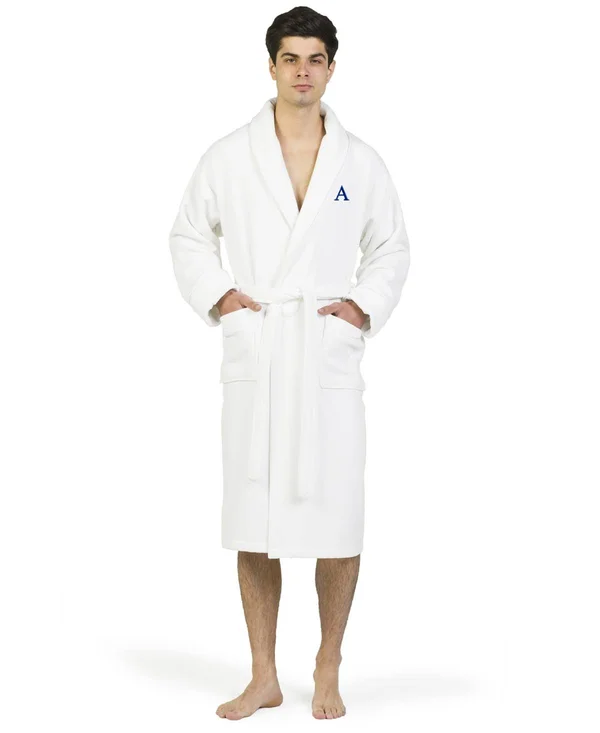 Linum Home Textiles Hotel Turkish Cotton Waffle Terry Bathrobe with Satin Piped Trim - Personalized - White Navy, Size: Small/Me