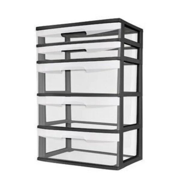 Sterilite 5-Drawer Wide Tower with See-Through Drawers. Keep Your Rooms Neat and Tidy with This 5 Drawer Tower. suitable for Off