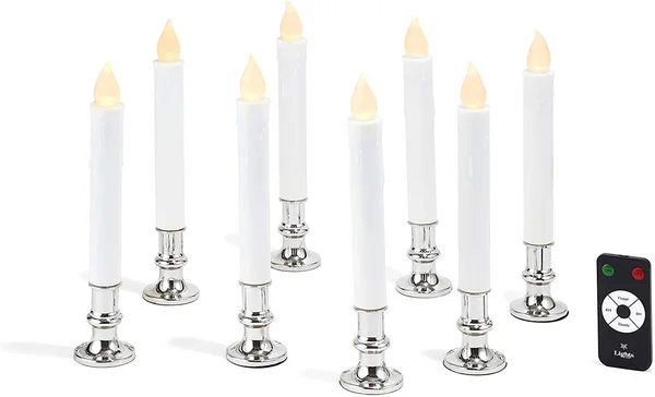 Flameless White LED Taper Candles with Silver Removable Candle Holders Remote Batteries Included Set of 8