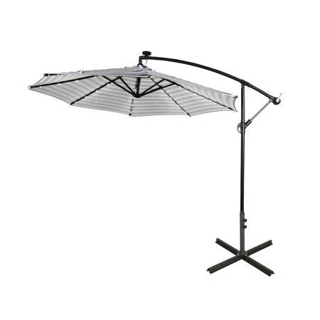 Westintrends 10 ft Outdoor Patio Solar LED Cantilever Umbrella, Gray/White Stripe