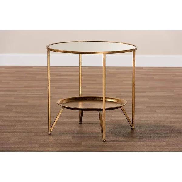 Baxton Studio Tamsin Modern and Contemporary Antique Gold Finished Metal and Mirrored Glass Accent Table with Tray Shelf