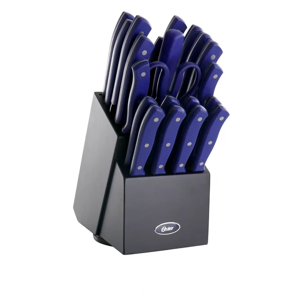 Oster Evansville 22-Piece Stainless-Steel Cutlery Set with BLOCK, Yale Blue