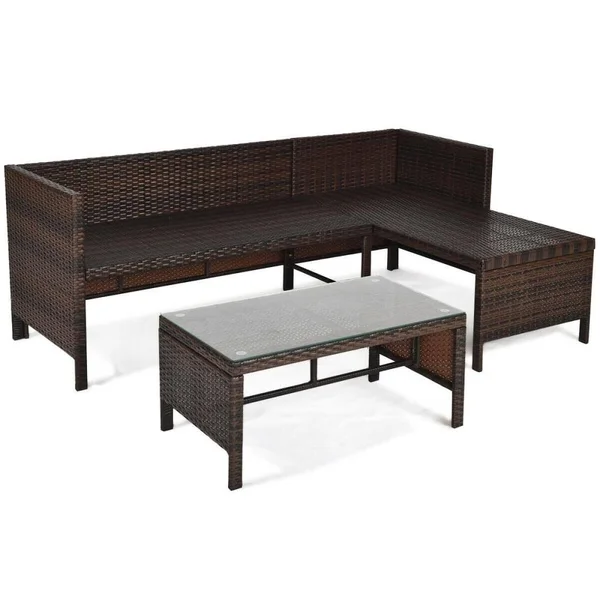 Clihome Brown Steel Frame 3 Piece Outdoor Patio Corner Rattan Sofa Set with Blue Cushions, CWCH-HW63870TU