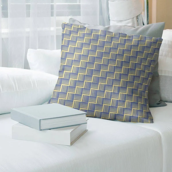 Two Color Basketweave Stripes with Yellow Throw Pillow - 14 x 14 - Yellow & Blue - Cotton