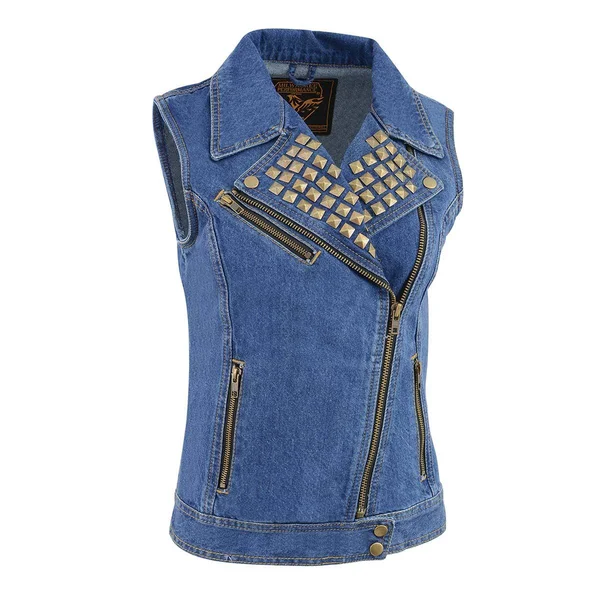 Milwaukee Leather Mdl4030 Ladies Zipper Front Blue Denim Vest with Studded Spikes - Blue, 5X-Large