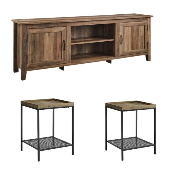 Home Square 3 Piece Living Room Set with 70x22 TV Stand and 2 End Tables in Oak