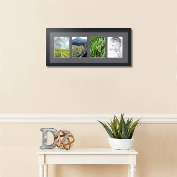Collage Picture Frame, Satin Black Frame with 4 openings for 5x7 Photos with Mountain Grey Mat. D3926EV15, ArtToFrames