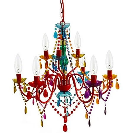 9 Light Multicolor Hardwire Flush Mount Chandelier H26xW27, Red Metal Frame with Multicolor Glass Stem and Multicolor Acrylic Cr