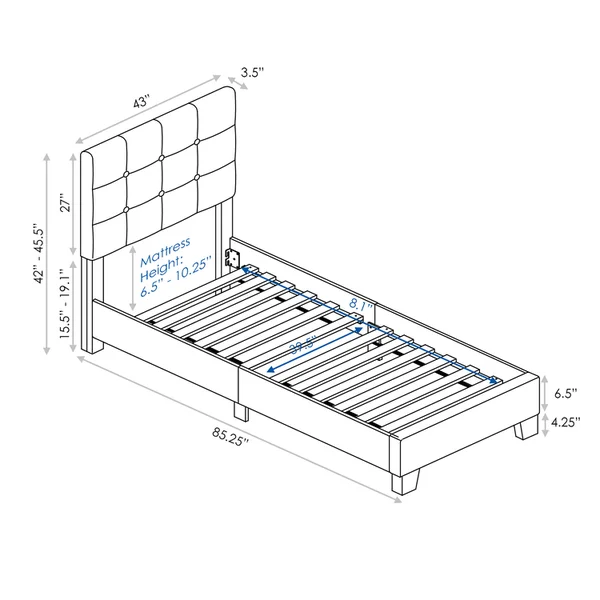 Furinno Laval Double Row Nail Head Bed Frame, 12pc Slat Style, Stone, Twin
