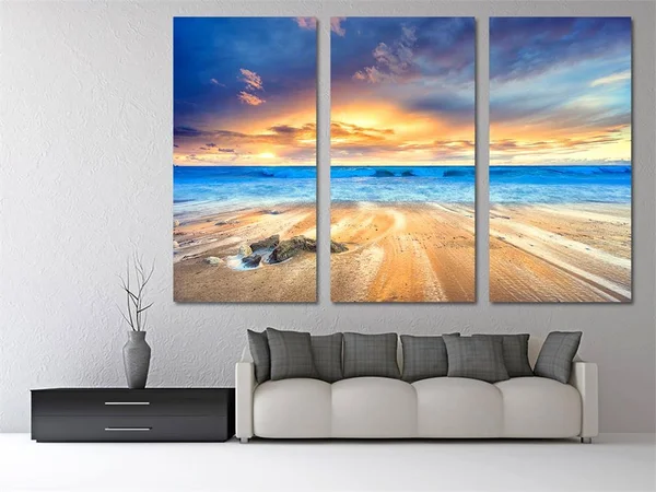 36 x 24 - Gorgeous Beach Sunset Canvas Print Wall Art. 3 Panel Split, Triptych Decoration for Home or Office