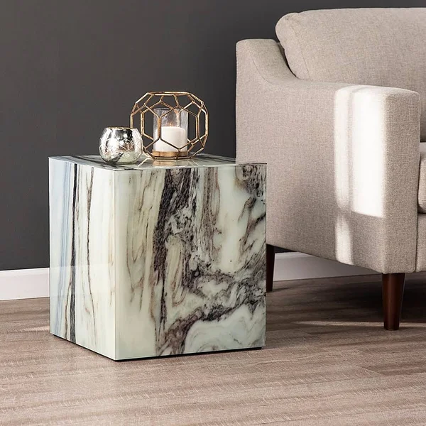 Southern Enterprises Polperton Faux Marble 16x22 Square Accent Table in Black