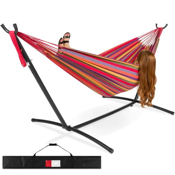 Best Choice Products 2-Person Brazilian-Style Cotton Double Hammock Bed w/ Carrying Bag - Steel Stand, Rainbow