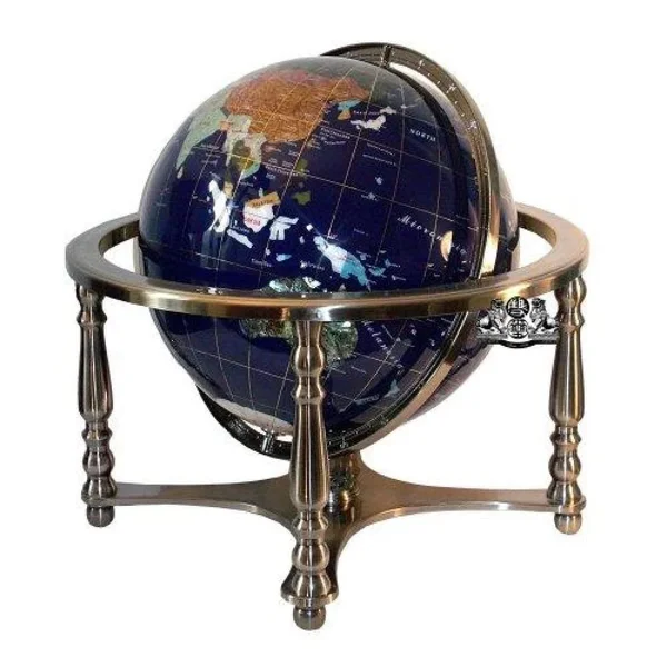 Unique Art 21-Inch Tall Blue Lapis Ocean Table Top Gemstone World Globe with 4 Leg Silver Stand