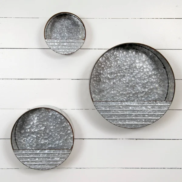 Galvanized Metal Round Hanging Wall Pocket Bins - Set of 3, 16 x 16 x 5