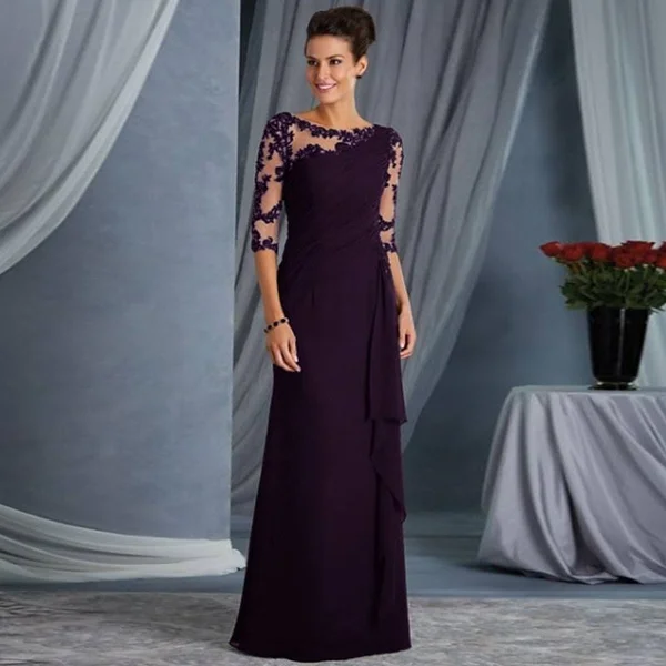 Lightinthebox Women's Shift Dress Maxi Long Dress Purple 3 4 Length Sleeve Solid Color Mesh Lace Patchwork Fall Spring Round Nec