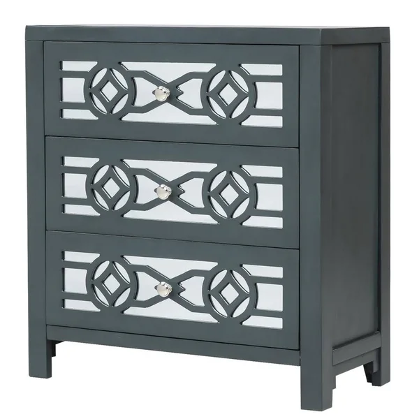 Boyel Living Antique Navy Natural Wood Wooden Storage Accent Cabinet with 3-Drawers and Decorative Mirror TR-007N