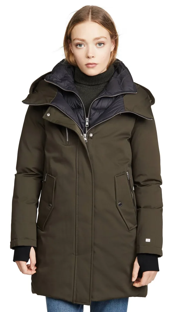 Soiau0026Kyo Belina Mid-Length Classic Down Coat with Puffy Bib - L - Army
