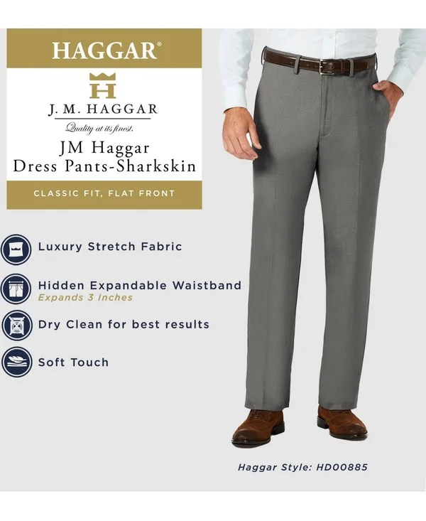 J.M Haggar Sharkskin Classic Fit Flat Front Dress Pant, 38 30, Black
