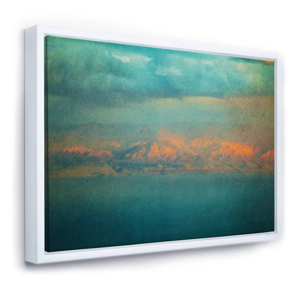 Designart &Glowing Mountains Over Sea Textured Vintage Image& Modern & Contemporary Framed Canvas Wall Art Print - 32 in. Wi