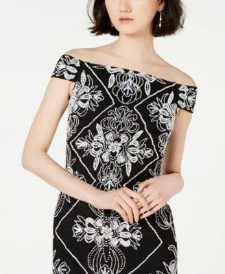 Adrianna Papell Womens Beaded Off-The-Shoulder Party Dress - Black White