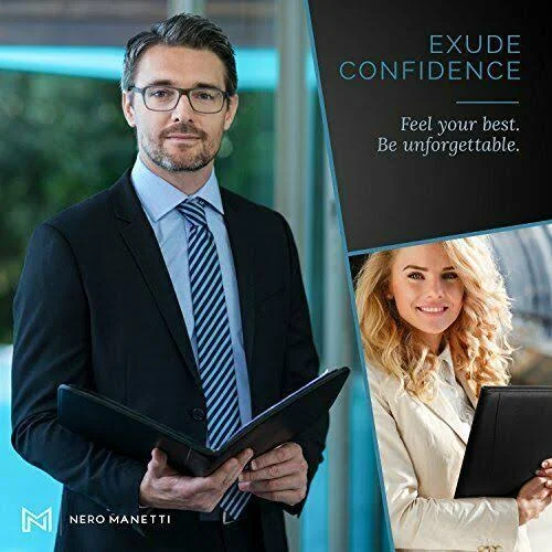 Nero MANETTI- Leather Portfolio Folder - Business PU Leather Portfolio Notepad Holder for Resumes - Legal Pad Portfolio Executive