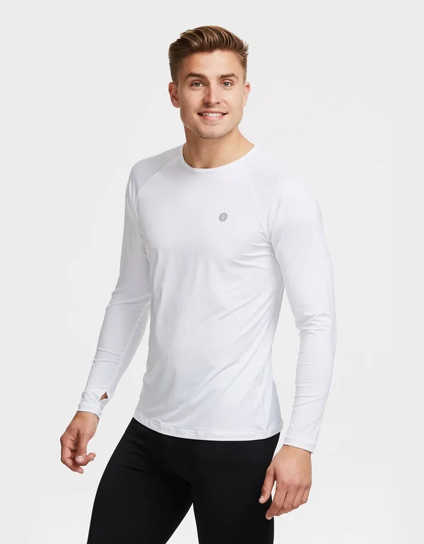 UPF 50+ Long Sleeve Sun Protective Base Layer for Men, Sun Safe Tops White