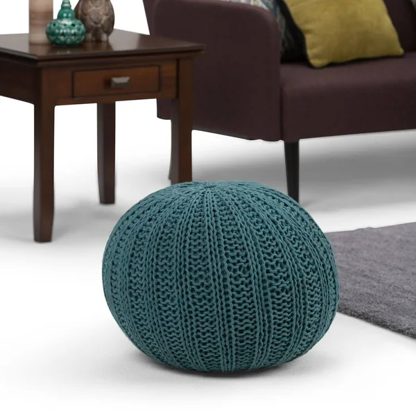 Wyndenhall Grandville Transitional Round Hand Knit Pouf - Teal