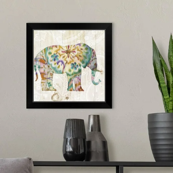 Boho Paisley Elephant I - Black Framed Wall Art, 16x16, Great Big Canvas